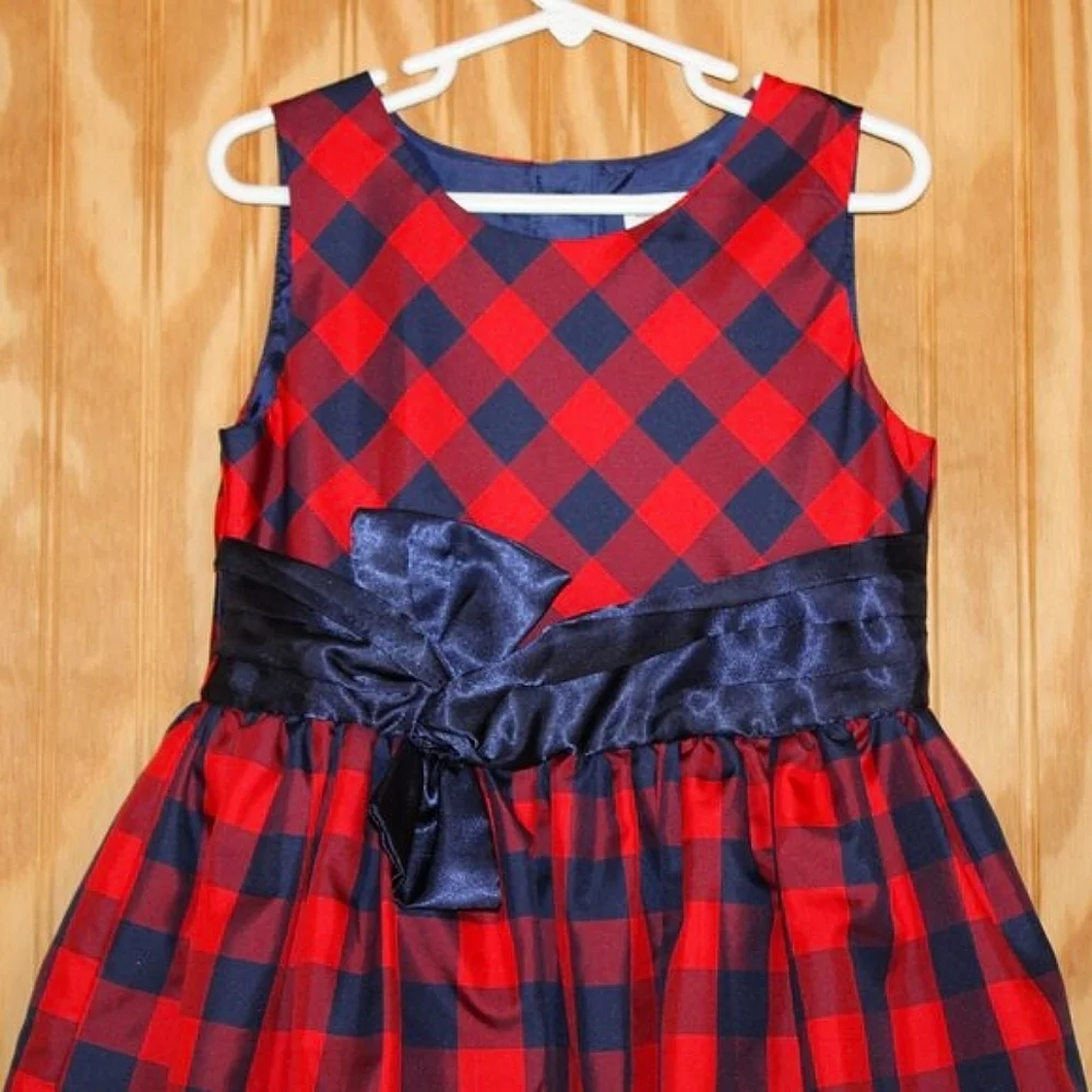 🎀 Cat & Jack Red & Navy Plaid Dress w/ Satin Sash – Size S (6/6X)